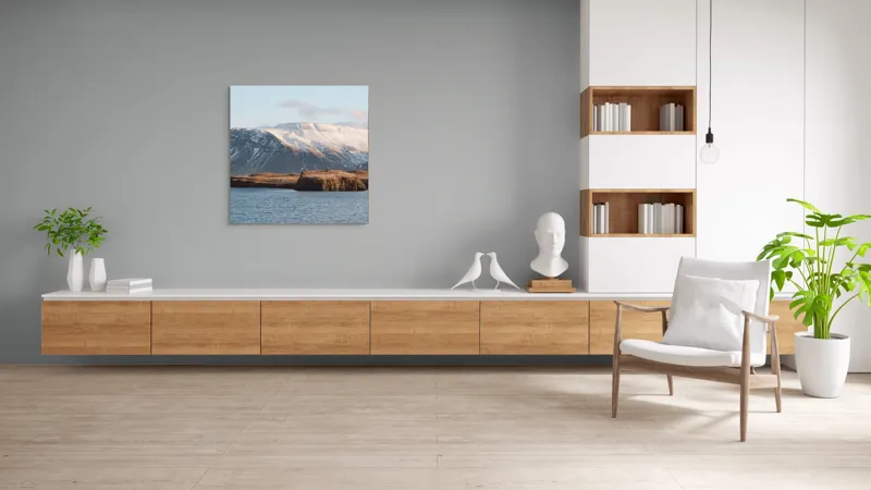 Tablou Canvas, "Vârtej de munte și apă liniștită", Munți, Zăpadă, Apă, Cer, Stâncă, Câmpie, Orizont, Lumină, Natură., 100 x 100 cm – poza 8