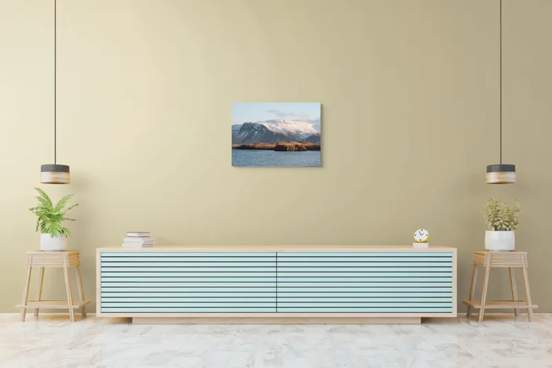 Tablou Canvas, "Vârtej de munte și apă liniștită", Munți, Zăpadă, Apă, Cer, Stâncă, Câmpie, Orizont, Lumină, Natură., 70 x 50 cm – poza 7
