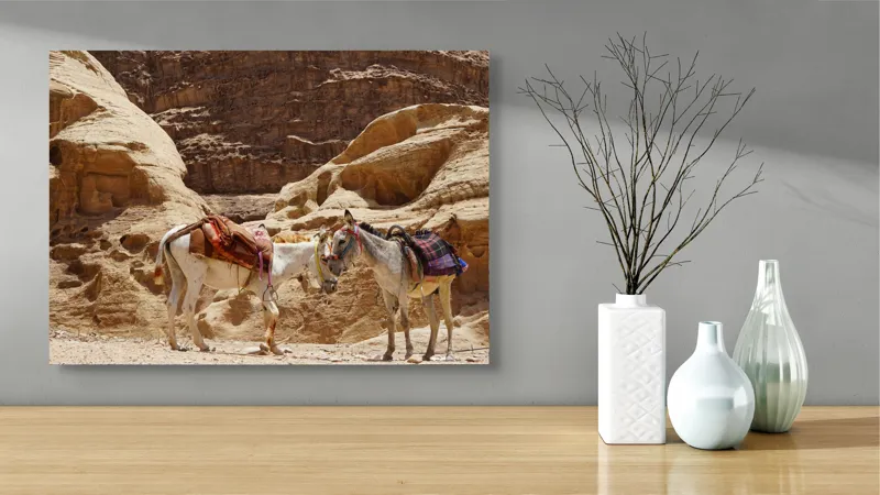 Tablou Canvas, "Măgarii călători în peisaj arid", Deșert, Măgari, Stânci, Șei, Nisip, Umbră, Aventură, Căldură, 70 x 50 cm – poza 3