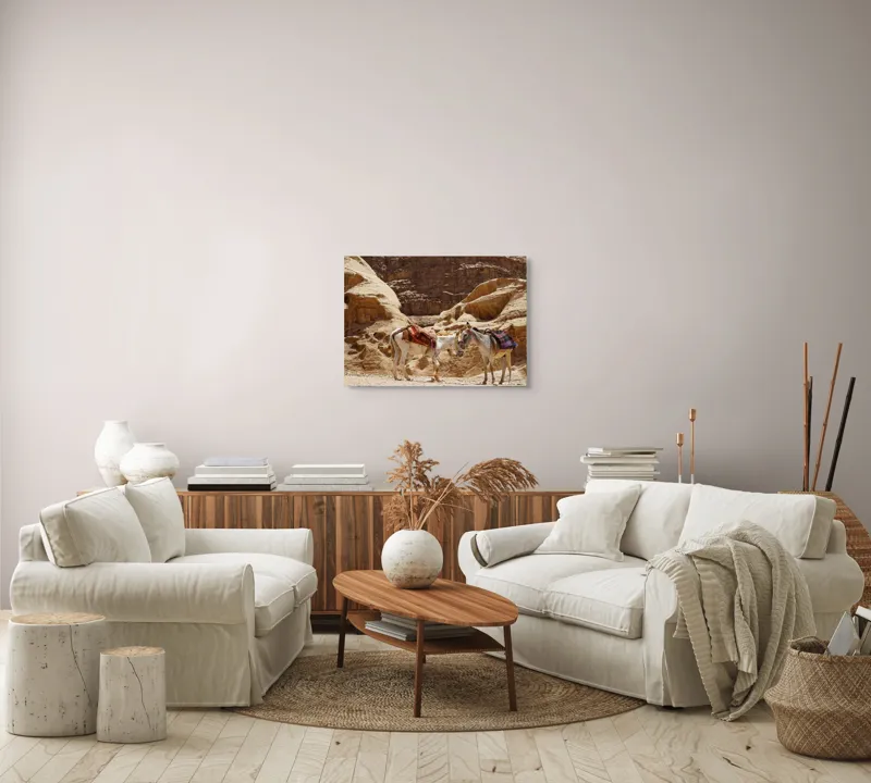 Tablou Canvas, "Măgarii călători în peisaj arid", Deșert, Măgari, Stânci, Șei, Nisip, Umbră, Aventură, Căldură, 70 x 50 cm – poza 6