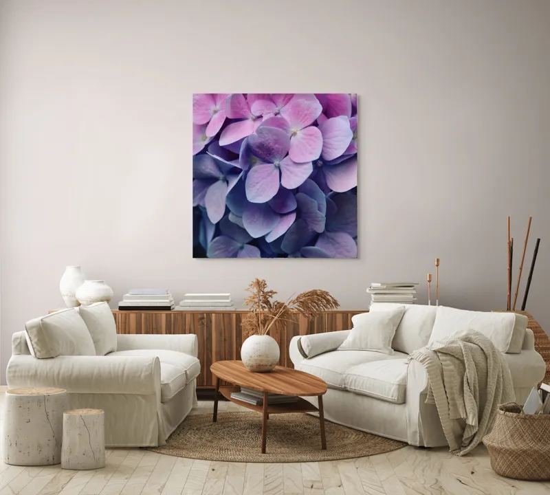 Tablou Canvas, "Strălucirea delicată a hortensiilor mov", Flori, Hortensii, Roz, Violet, Delicat, Petale, Frumusețe, Natură, Proaspăt, Culoare, 100 x 100 cm – poza 3