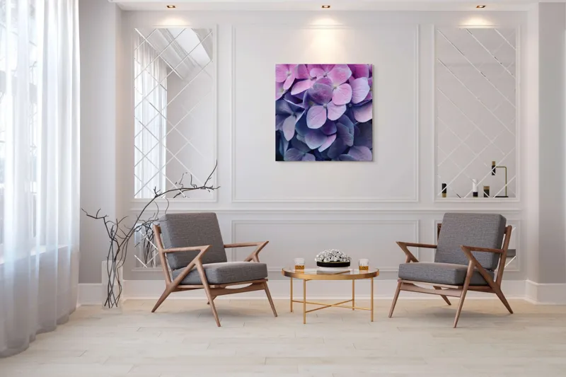 Tablou Canvas, "Strălucirea delicată a hortensiilor mov", Flori, Hortensii, Roz, Violet, Delicat, Petale, Frumusețe, Natură, Proaspăt, Culoare, 100 x 100 cm – poza 7
