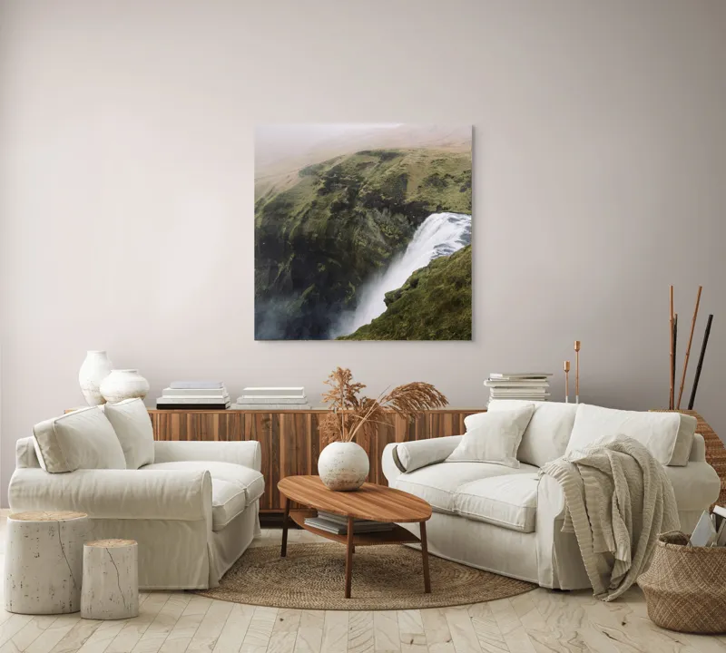 Tablou Canvas, "Cascada izbucnind din stânci verzi", Apă, Cascadă, Ceață, Iarbă, Natură, Panta, Prăpastie, Scurgere, Umed, Verde, 100 x 100 cm – poza 3