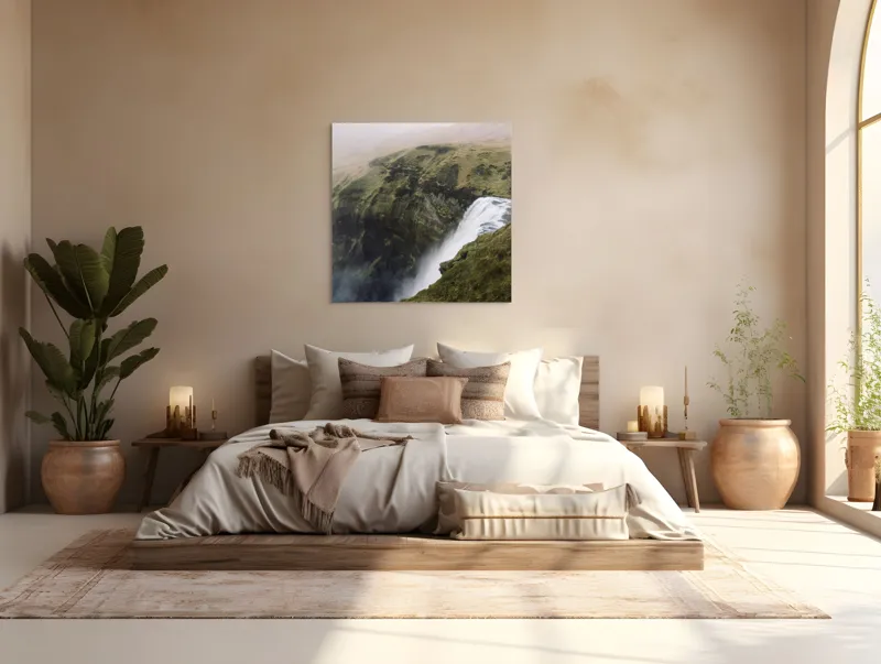 Tablou Canvas, "Cascada izbucnind din stânci verzi", Apă, Cascadă, Ceață, Iarbă, Natură, Panta, Prăpastie, Scurgere, Umed, Verde, 100 x 100 cm – poza 4