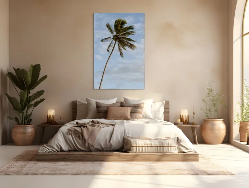 Tablou Canvas, "Palmier în adierea vântului tropical", Palmier, Albastru, Nori, Vânt, Seară, 100 x 150 cm – poza 3