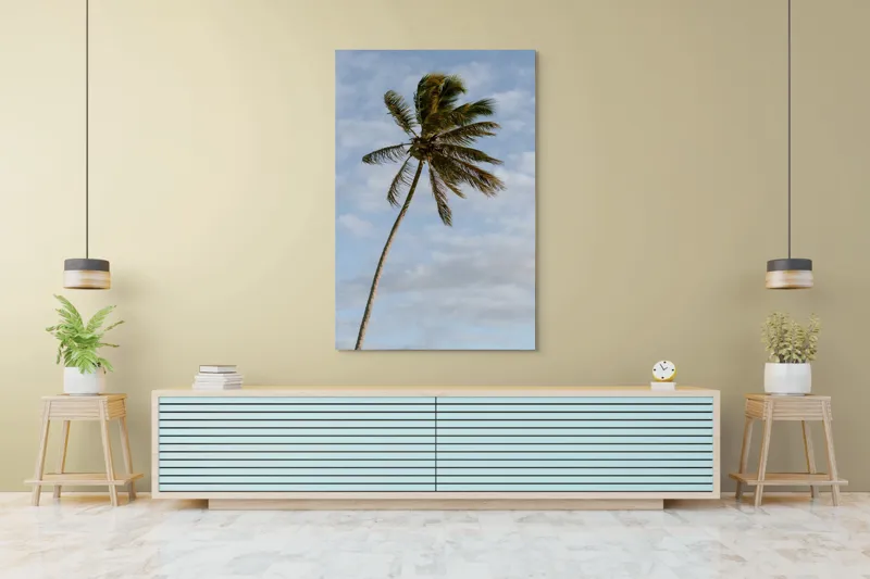 Tablou Canvas, "Palmier în adierea vântului tropical", Palmier, Albastru, Nori, Vânt, Seară, 100 x 150 cm – poza 4