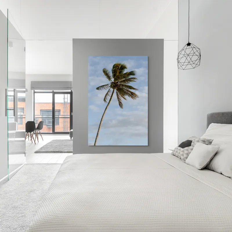 Tablou Canvas, "Palmier în adierea vântului tropical", Palmier, Albastru, Nori, Vânt, Seară, 100 x 150 cm – poza 5