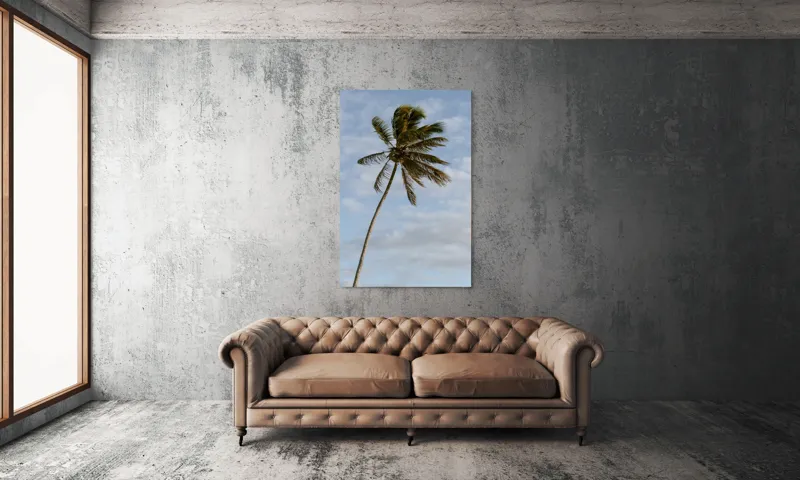 Tablou Canvas, "Palmier în adierea vântului tropical", Palmier, Albastru, Nori, Vânt, Seară, 100 x 150 cm – poza 6