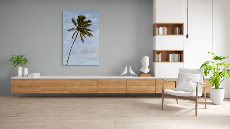 Tablou Canvas, "Palmier în adierea vântului tropical", Palmier, Albastru, Nori, Vânt, Seară, 100 x 150 cm – poza 8