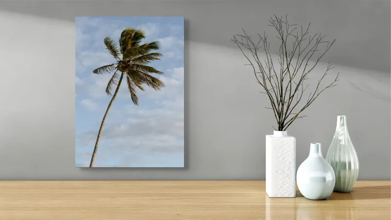 Tablou Canvas, "Palmier în adierea vântului tropical", Palmier, Albastru, Nori, Vânt, Seară, 39 x 54 cm – poza 4