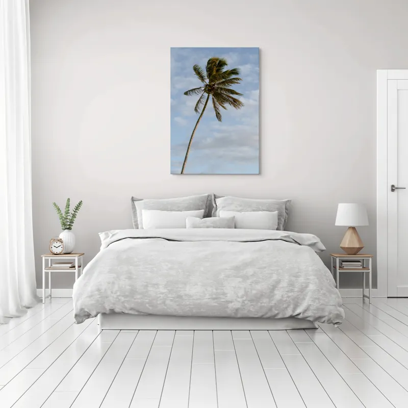 Tablou Canvas, "Palmier în adierea vântului tropical", Palmier, Albastru, Nori, Vânt, Seară, 70 x 100 cm – poza 3