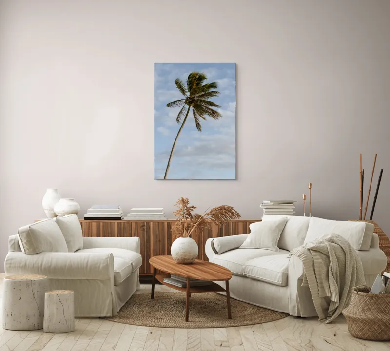 Tablou Canvas, "Palmier în adierea vântului tropical", Palmier, Albastru, Nori, Vânt, Seară, 70 x 100 cm – poza 4