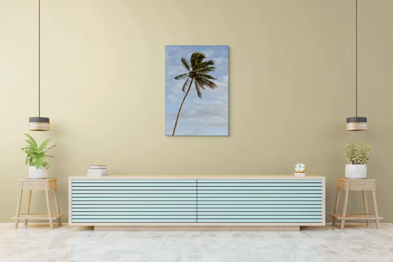 Tablou Canvas, "Palmier în adierea vântului tropical", Palmier, Albastru, Nori, Vânt, Seară, 70 x 100 cm – poza 5