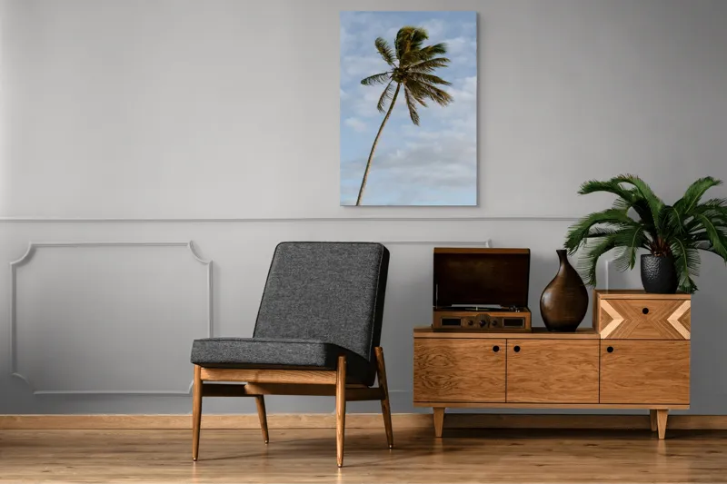 Tablou Canvas, "Palmier în adierea vântului tropical", Palmier, Albastru, Nori, Vânt, Seară, 70 x 100 cm – poza 6