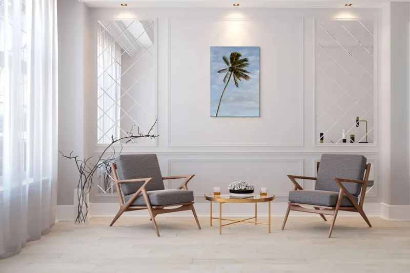 Tablou Canvas, "Palmier în adierea vântului tropical", Palmier, Albastru, Nori, Vânt, Seară, 70 x 100 cm – poza 8