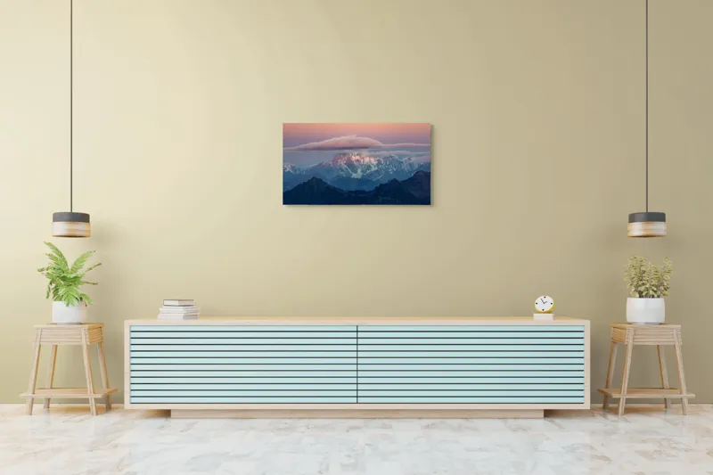 Tablou Canvas, "Vârfuri montane sub cerul înnorat", Munte, Nori, Apus, Cer, Peisaj, Stânci, Întinderi, Zăpadă, Vârfuri, Straturi, 90 x 50 cm – poza 5
