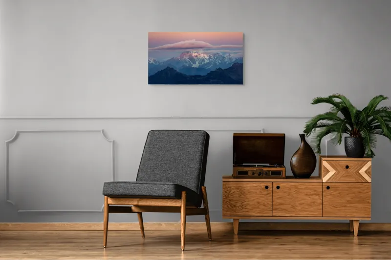 Tablou Canvas, "Vârfuri montane sub cerul înnorat", Munte, Nori, Apus, Cer, Peisaj, Stânci, Întinderi, Zăpadă, Vârfuri, Straturi, 90 x 50 cm – poza 6