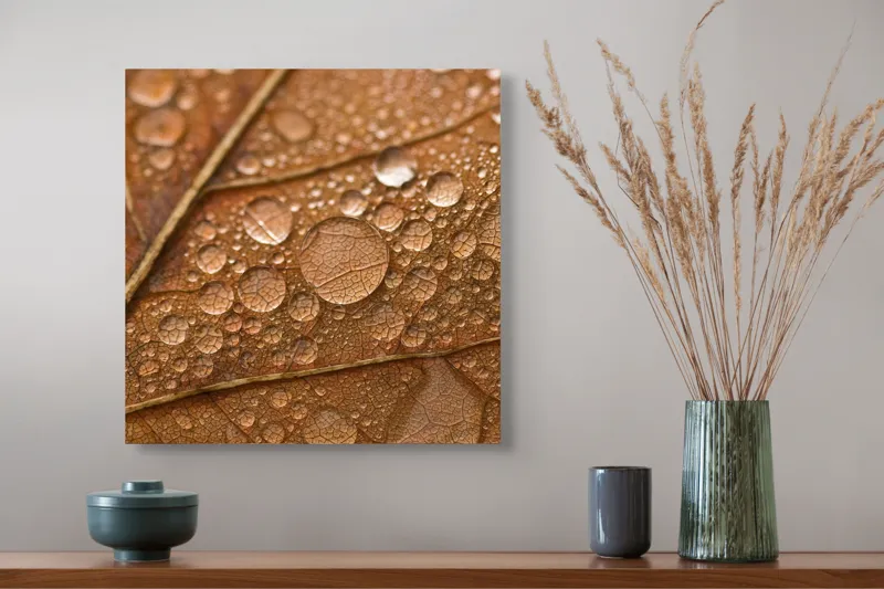 Tablou Canvas, "Picături de rouă pe frunză toamna", Picături, Frunză, Ruginie, Textură, Natură, Aproape, Detaliu, Toamnă, 50 x 50 cm – poza 4