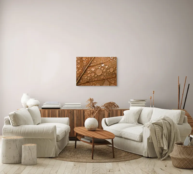 Tablou Canvas, "Picături de rouă pe frunză toamna", Picături, Frunză, Ruginie, Textură, Natură, Aproape, Detaliu, Toamnă, 70 x 50 cm – poza 6