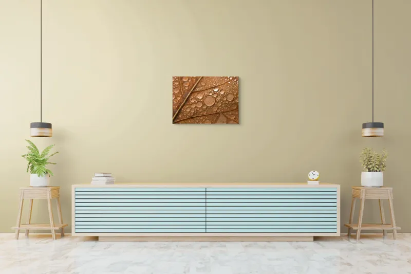 Tablou Canvas, "Picături de rouă pe frunză toamna", Picături, Frunză, Ruginie, Textură, Natură, Aproape, Detaliu, Toamnă, 70 x 50 cm – poza 7