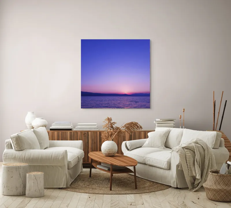 Tablou Canvas, "Răsărit liniștit la malul mării", Apus, Cer, Păl, Ocean, Liniște, Orizont, Munți, Siluetă, Amurg, Lumină, Reflexie, Calm, Variațiuni, 100 x 100 cm – poza 3