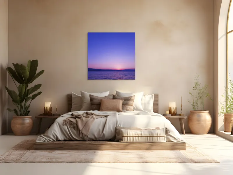 Tablou Canvas, "Răsărit liniștit la malul mării", Apus, Cer, Păl, Ocean, Liniște, Orizont, Munți, Siluetă, Amurg, Lumină, Reflexie, Calm, Variațiuni, 100 x 100 cm – poza 4
