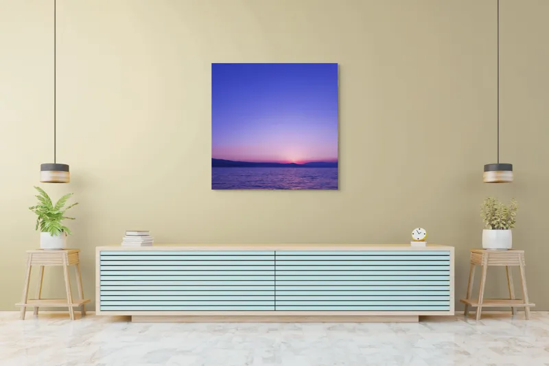 Tablou Canvas, "Răsărit liniștit la malul mării", Apus, Cer, Păl, Ocean, Liniște, Orizont, Munți, Siluetă, Amurg, Lumină, Reflexie, Calm, Variațiuni, 100 x 100 cm – poza 5