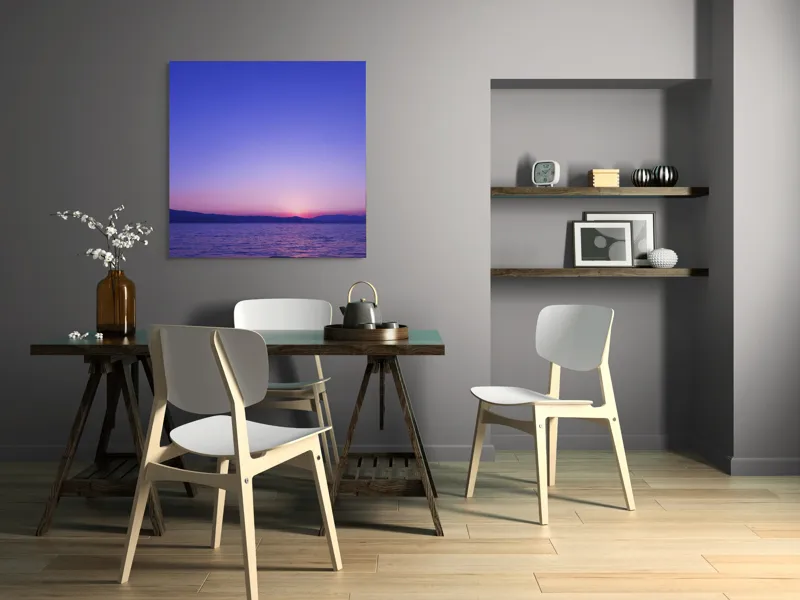 Tablou Canvas, "Răsărit liniștit la malul mării", Apus, Cer, Păl, Ocean, Liniște, Orizont, Munți, Siluetă, Amurg, Lumină, Reflexie, Calm, Variațiuni, 100 x 100 cm – poza 6