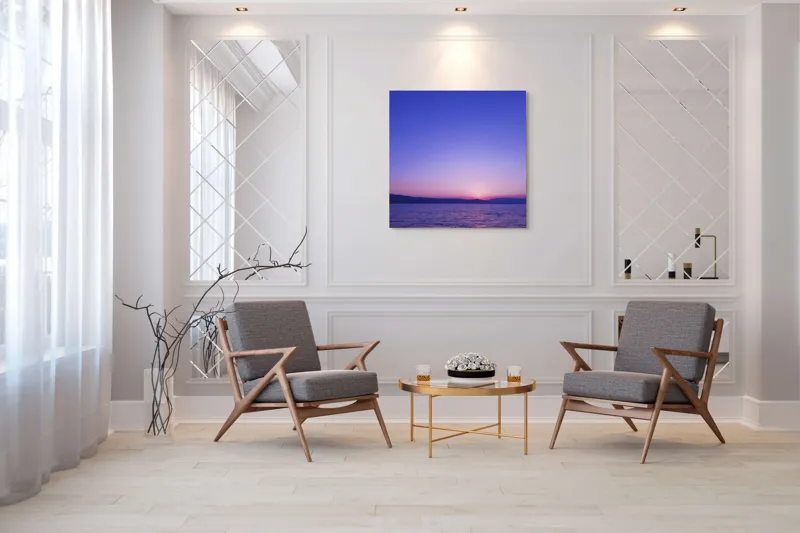 Tablou Canvas, "Răsărit liniștit la malul mării", Apus, Cer, Păl, Ocean, Liniște, Orizont, Munți, Siluetă, Amurg, Lumină, Reflexie, Calm, Variațiuni, 100 x 100 cm – poza 7