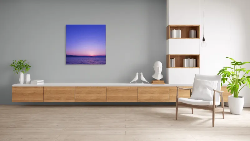 Tablou Canvas, "Răsărit liniștit la malul mării", Apus, Cer, Păl, Ocean, Liniște, Orizont, Munți, Siluetă, Amurg, Lumină, Reflexie, Calm, Variațiuni, 100 x 100 cm – poza 8