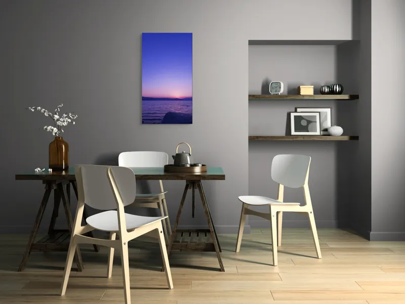Tablou Canvas, "Răsărit liniștit la malul mării", Apus, Cer, Păl, Ocean, Liniște, Orizont, Munți, Siluetă, Amurg, Lumină, Reflexie, Calm, Variațiuni, 50 x 90 cm – poza 4