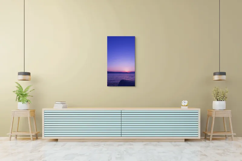 Tablou Canvas, "Răsărit liniștit la malul mării", Apus, Cer, Păl, Ocean, Liniște, Orizont, Munți, Siluetă, Amurg, Lumină, Reflexie, Calm, Variațiuni, 50 x 90 cm – poza 6