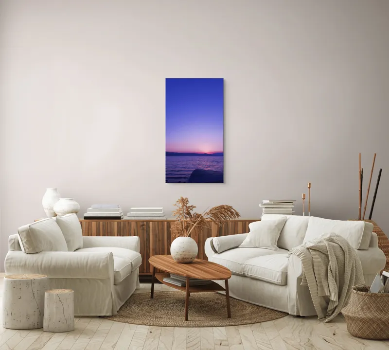 Tablou Canvas, "Răsărit liniștit la malul mării", Apus, Cer, Păl, Ocean, Liniște, Orizont, Munți, Siluetă, Amurg, Lumină, Reflexie, Calm, Variațiuni, 50 x 90 cm – poza 7