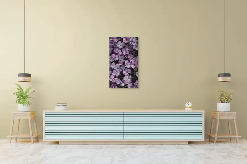 Tablou Canvas, "Misterul florilor violet în floriere", Flori, Violet, Petale, Natură, Primăvară, Delicat, Frumusețe, Abundență, Textură, Culoare, 50 x 90 cm – poza 6