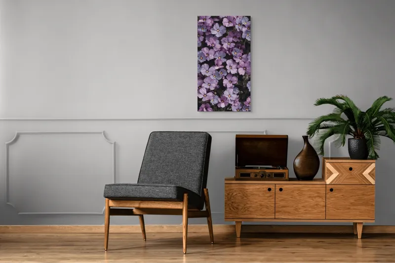 Tablou Canvas, "Misterul florilor violet în floriere", Flori, Violet, Petale, Natură, Primăvară, Delicat, Frumusețe, Abundență, Textură, Culoare, 50 x 90 cm – poza 8