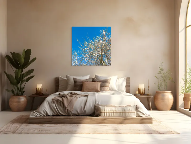 Tablou Canvas, "Pom înflorit sub cer senin", Floare, Cer, Albastru, Crenguțe, Primăvară, Alb, Natură, Frumusețe, Delicat, Arbore, 100 x 100 cm – poza 4