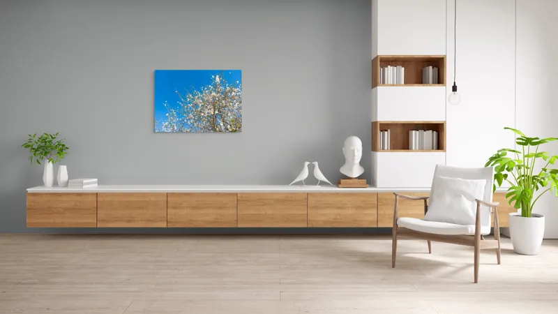 Tablou Canvas, "Pom înflorit sub cer senin", Floare, Cer, Albastru, Crenguțe, Primăvară, Alb, Natură, Frumusețe, Delicat, Arbore, 100 x 70 cm – poza 6