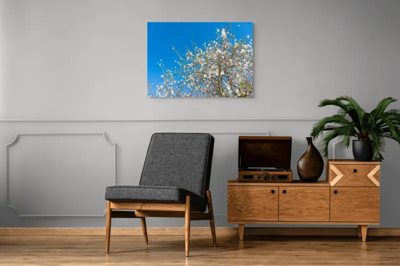 Tablou Canvas, "Pom înflorit sub cer senin", Floare, Cer, Albastru, Crenguțe, Primăvară, Alb, Natură, Frumusețe, Delicat, Arbore, 100 x 70 cm – poza 8