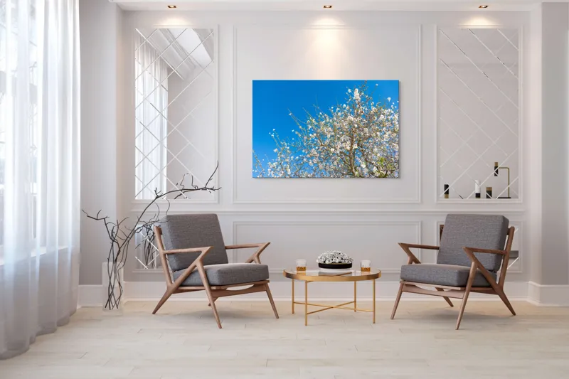 Tablou Canvas, "Pom înflorit sub cer senin", Floare, Cer, Albastru, Crenguțe, Primăvară, Alb, Natură, Frumusețe, Delicat, Arbore, 150 x 100 cm – poza 7