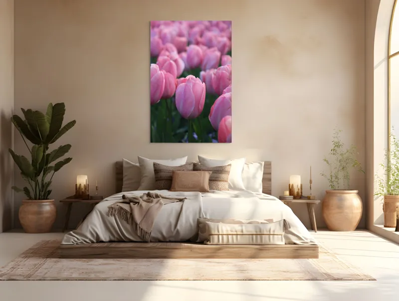 Tablou Canvas, "Câmp întins de lalele rozalii", Roz, Delicate, Grădină, Primăvară, Florale, 100 x 150 cm – poza 3