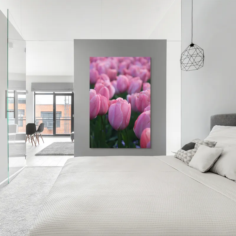 Tablou Canvas, "Câmp întins de lalele rozalii", Roz, Delicate, Grădină, Primăvară, Florale, 100 x 150 cm – poza 5