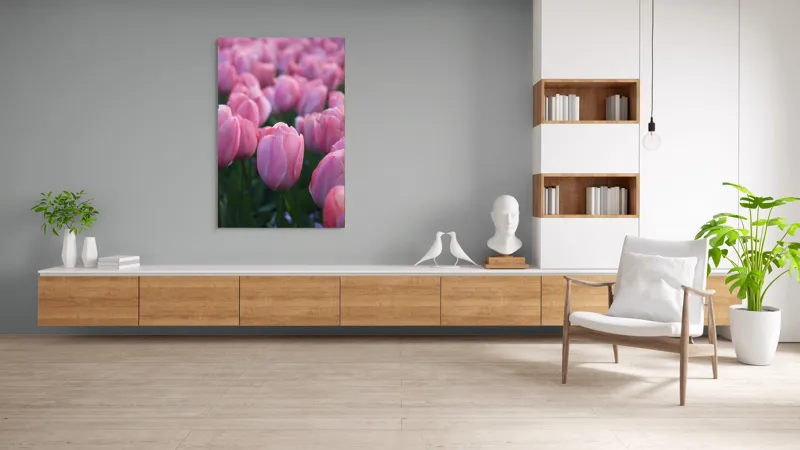 Tablou Canvas, "Câmp întins de lalele rozalii", Roz, Delicate, Grădină, Primăvară, Florale, 100 x 150 cm – poza 8