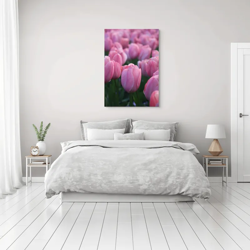 Tablou Canvas, "Câmp întins de lalele rozalii", Roz, Delicate, Grădină, Primăvară, Florale, 70 x 100 cm – poza 3