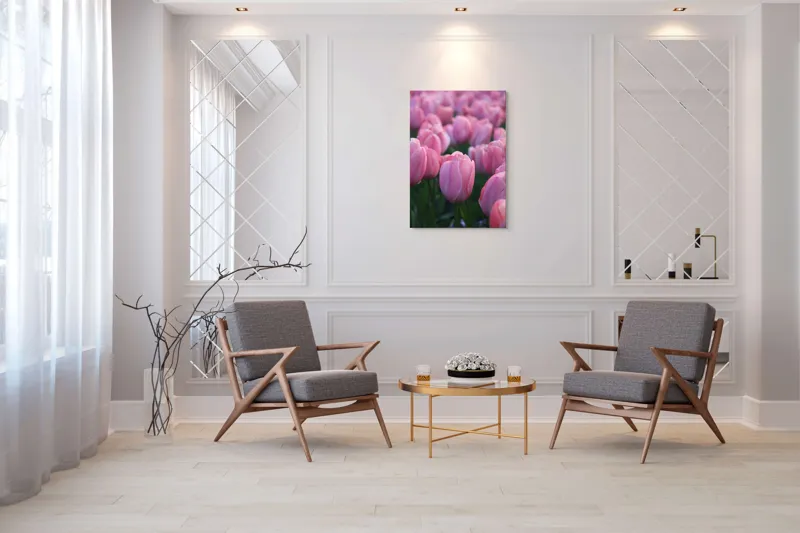Tablou Canvas, "Câmp întins de lalele rozalii", Roz, Delicate, Grădină, Primăvară, Florale, 70 x 100 cm – poza 8