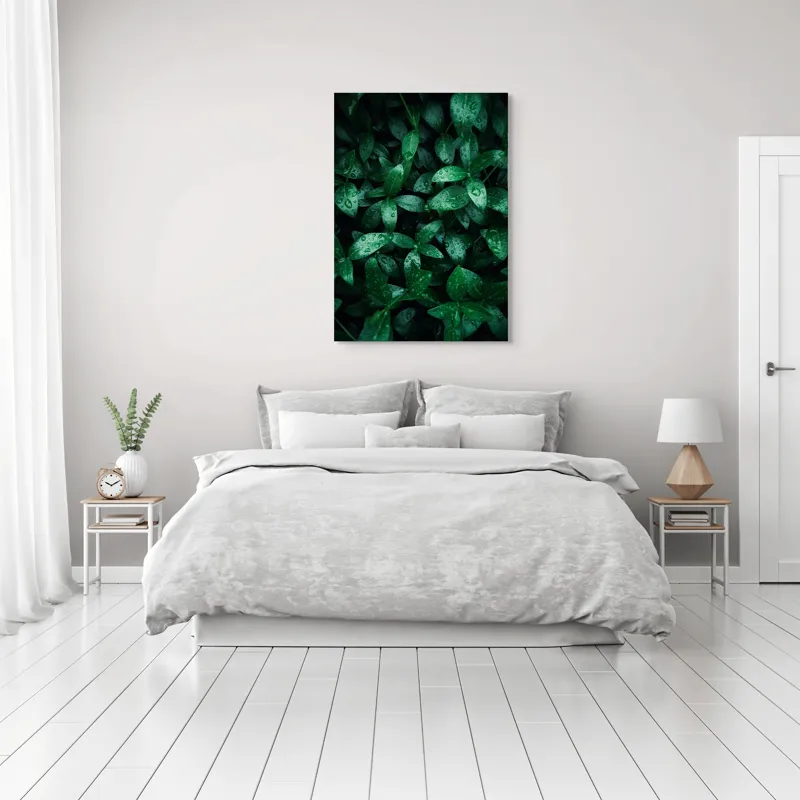 Tablou Canvas, "Lăstari umezi în lumina dimineții", Verde, Frunze, Picături, Rouă, Natură, Prospețime, Vitalitate, Frumusețe, 70 x 100 cm – poza 3