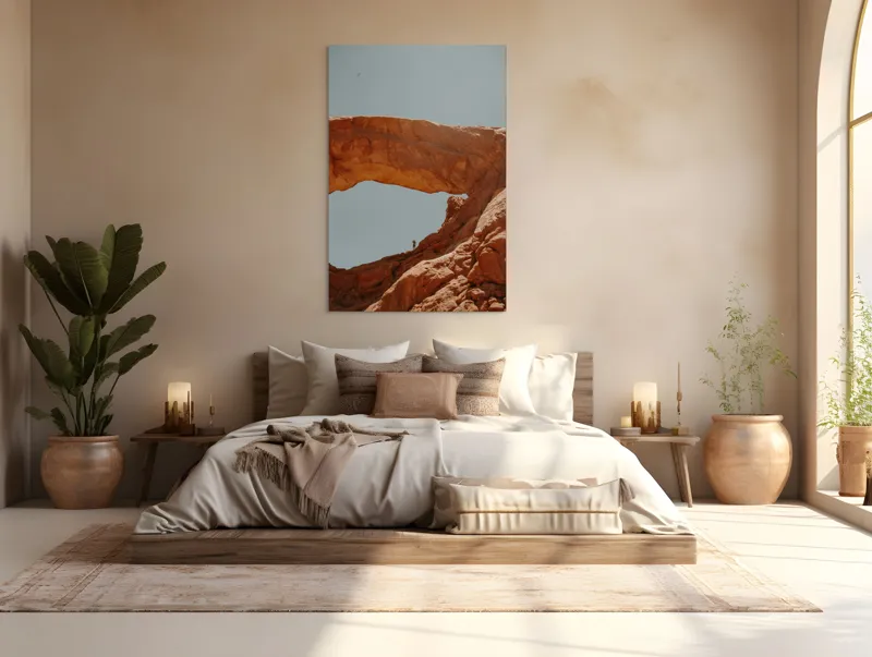 Tablou Canvas, "Omul și măreția arcului natural", Arid, Stânci, Arc, Cer, Persoană, Solitudine, Măreție, Natură, Peisaj, 100 x 150 cm – poza 3