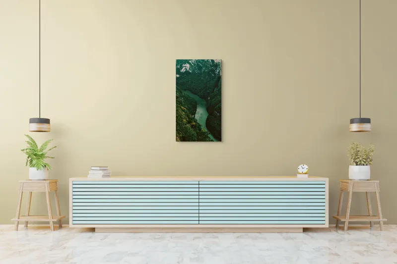 Tablou Canvas, "Cheile Sinuoase ale Pădurii Verde", Verdant, Stânci, Meandre, Verde, Râu, Pădure, Natură, 50 x 90 cm – poza 6