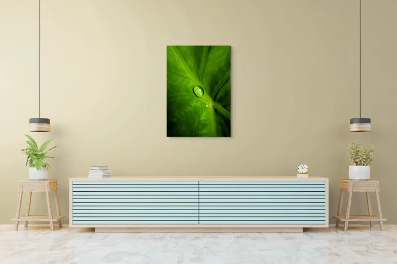 Tablou Canvas, "Picătura de rouă pe frunză verde", Frunză, Picătură, Verde, Textură, Natură, 70 x 100 cm – poza 5