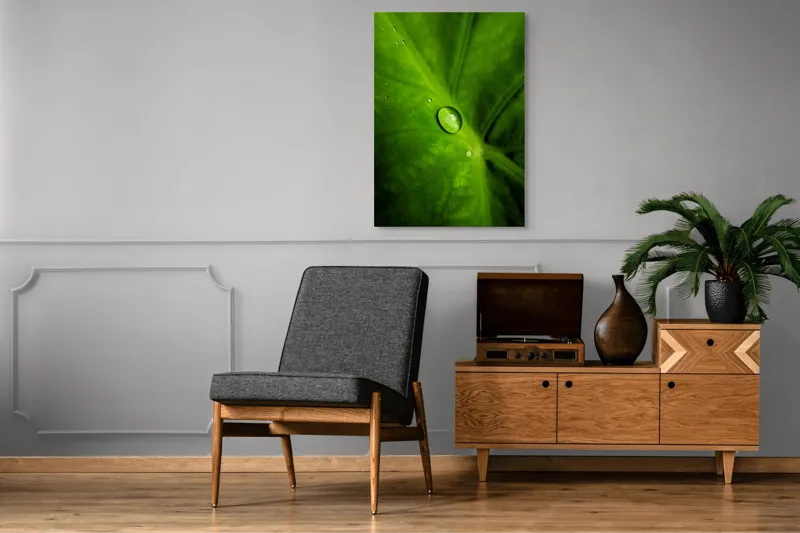 Tablou Canvas, "Picătura de rouă pe frunză verde", Frunză, Picătură, Verde, Textură, Natură, 70 x 100 cm – poza 6