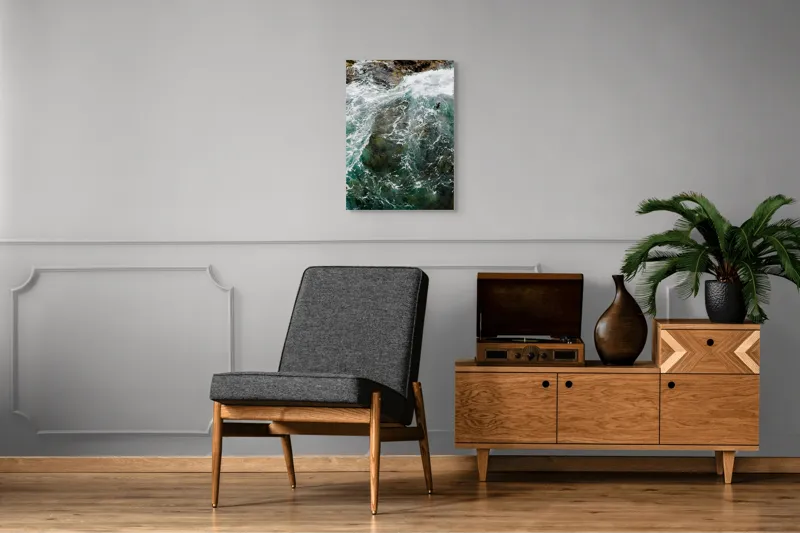 Tablou Canvas, "Freamătul apelor peste stânci", Vârtej, Spumă, Culoare, Natură, Energie, Transparență, Adâncime, Dinamism, Roci, Valuri, 50 x 70 cm – poza 8